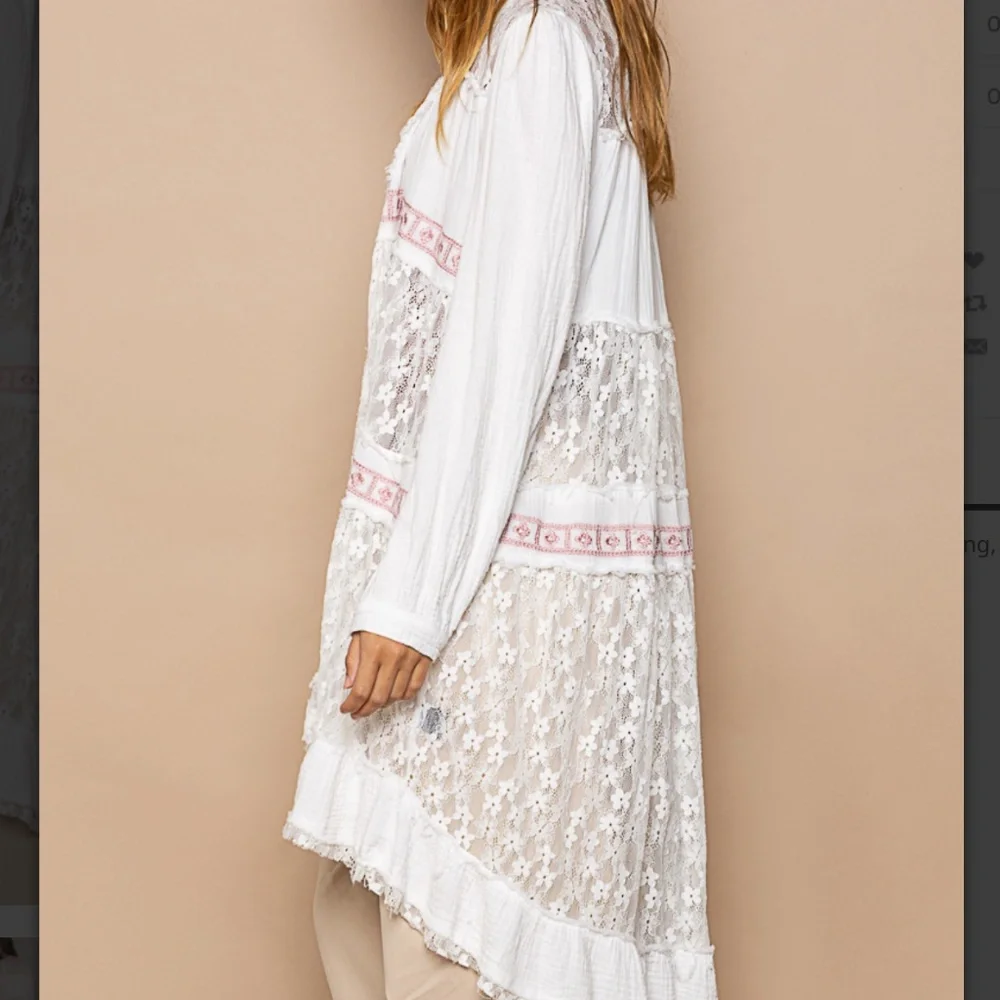 POL Lace Cardigan Women’s Cover Up Open Shirt Lace and Ruffle Contrast Boho #S25 - Picture 4 of 12